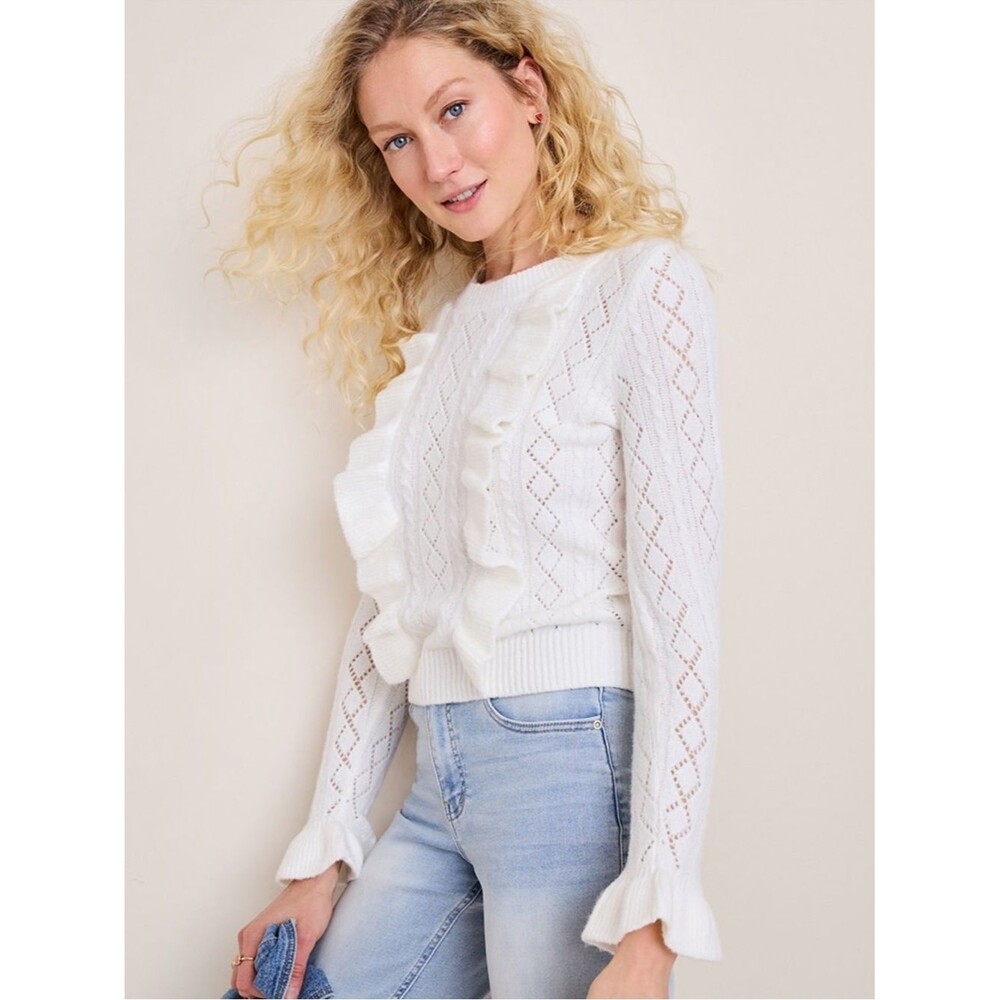 Francesca's Lorain Ruffled Pointelle Sweater Size Large Ivory Cozy Flounce Cuff